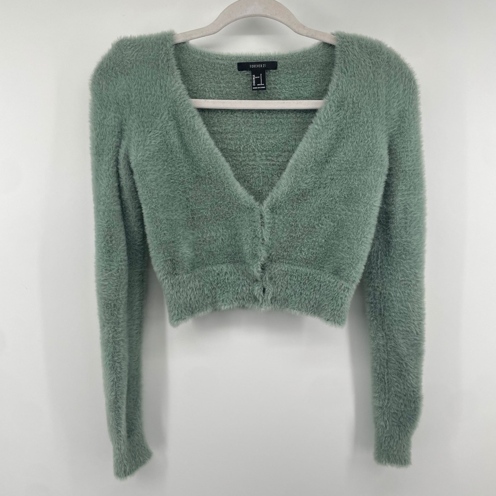 Forever 21 Cardigan Women S Sage Green Fuzzy Eyelash Knit Cropped Hook‎ Eye Y2K